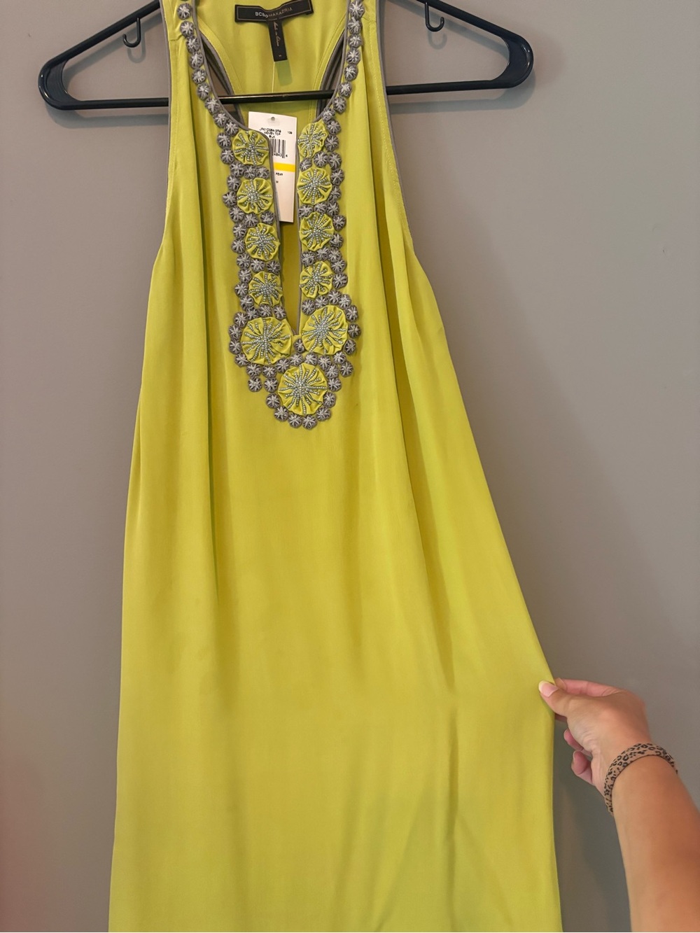 BCBGMaxAzria Neon Yellow One-Shoulder Dress with Embellished Placket